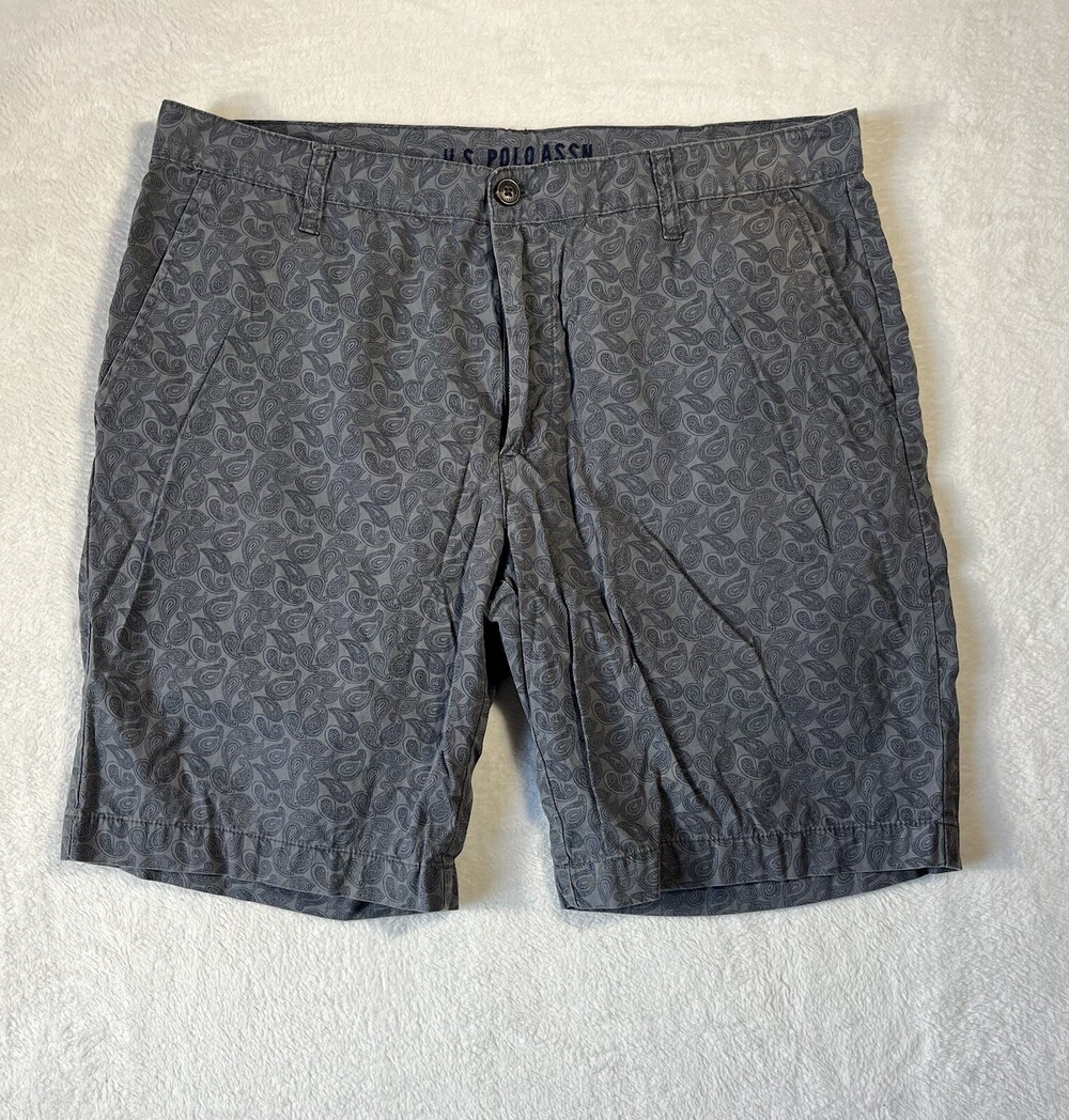 US Polo Assn Shorts Men’s 38 Cotton Grey With Navy Blue Paisley Flat Front